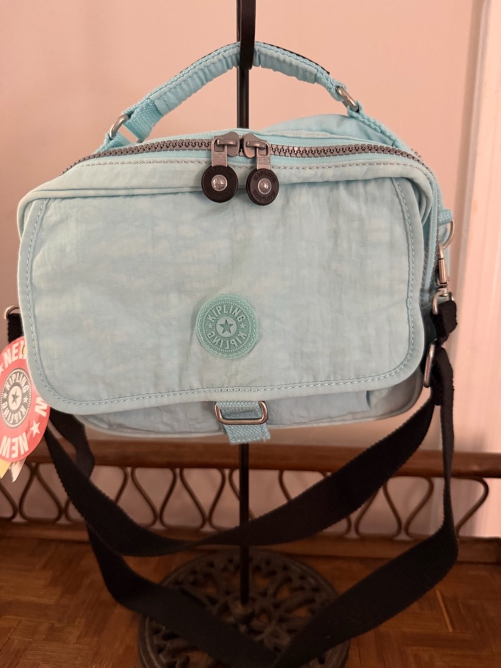 Kipling Light Aqua Nylon Crossbody Bag with Black Strap